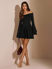 SHEIN BAE 棕色荷叶边露肩修身优雅迷你连衣裙，棕色连衣裙，生日礼服，派对礼服，约会礼服，秋冬叠穿 - 黑色 - 查看 4