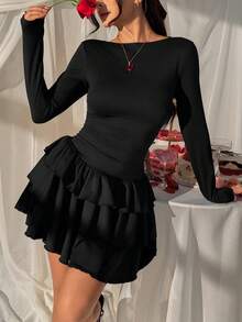 SHEIN EZwear Valentine's Day Birthday Dress Elegant Dresses Black Knit Women's Bodycon Layered Dress Black Ruffle Dress Black Mini Dress Women's Black Dress Black Dress Long Sleeve - Black - View 7