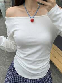 K-Vae Casual Versatile Simple White Off Shoulder Long Sleeve T-Shirt - White - View 4