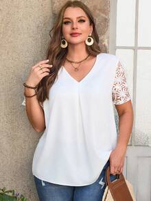 EMERY ROSE Top décontracté d'été à manches courtes, col en V, froncé, grande taille, couleur unie habillée. Tenue de vacances décontractée de campagne pour femme. Simple et pour le port quotidien. Hauts d'été pour femmes. Tenues d'été pour femmes - Blanc - Voir 4