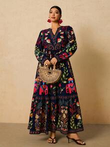 Travachic 大码女式波西米亚花卉印花长袖连衣裙，休闲度假装 - 藏蓝色 - 查看 5