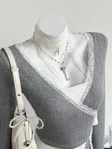 Elamini Bộ 2 món gồm áo tay dài cổ chữ V màu hồng, chất liệu dệt kim co giãn, viền ren và chân váy xòe bồng bềnh đính nơ, kiểu dáng nữ tính, thích hợp mặc ở nhà, dự tiệc Giáng sinh và Năm mới. - Màu Xám nhạt - Xem 5