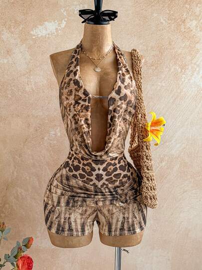 Soleia Nuevo conjunto informal de vacaciones para invitados a una boda en la playa, graduación, brunch, Día de San Patricio, vacaciones de primavera, Pascua, festival de música, elegante y bohemio, mono tropical sin espalda con textura, cuentas y cuello halter