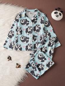 SHEIN Kung Fu Panda Young Girl Cartoon Panda & Star Print Lapel Collar Long Sleeve Top And Pants Pajama Set, Comfortable Casual For Spring/Autumn - Blue - View 1