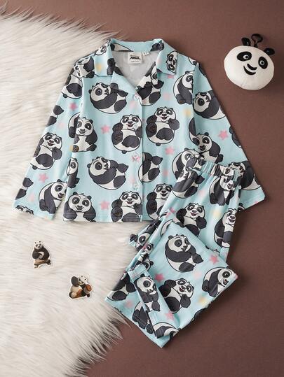 SHEIN Kung Fu Panda Young Girl Cartoon Panda & Star Print Lapel Collar Long Sleeve Top And Pants Pajama Set, Comfortable Casual For Spring/Autumn