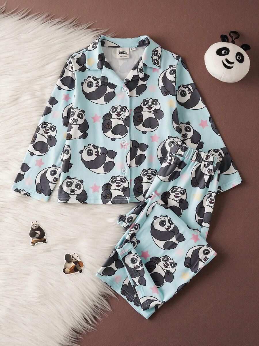 SHEIN Kung Fu Panda Young Girl Cartoon Panda & Star Print Lapel Collar Long Sleeve Top And Pants Pajama Set, Comfortable Casual For Spring/Autumn - Blue - View 1