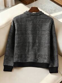 Franclia Plus Size Short Black Plaid Woven Fabric Jacket With Collar Long Sleeves And Rib Knit Detail For Casual Wear - Black - View 2