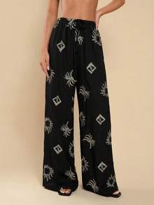 COSMINA Women's Black Embroidered Linen Wide Leg Pants, Black Long Sleeve Gold Embroidered Casual Vacation Pants - Black - View 4