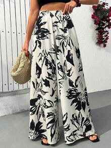 EURMUSE Floral Print Wide Leg Casual Vacation Pants - Black and White - View 1