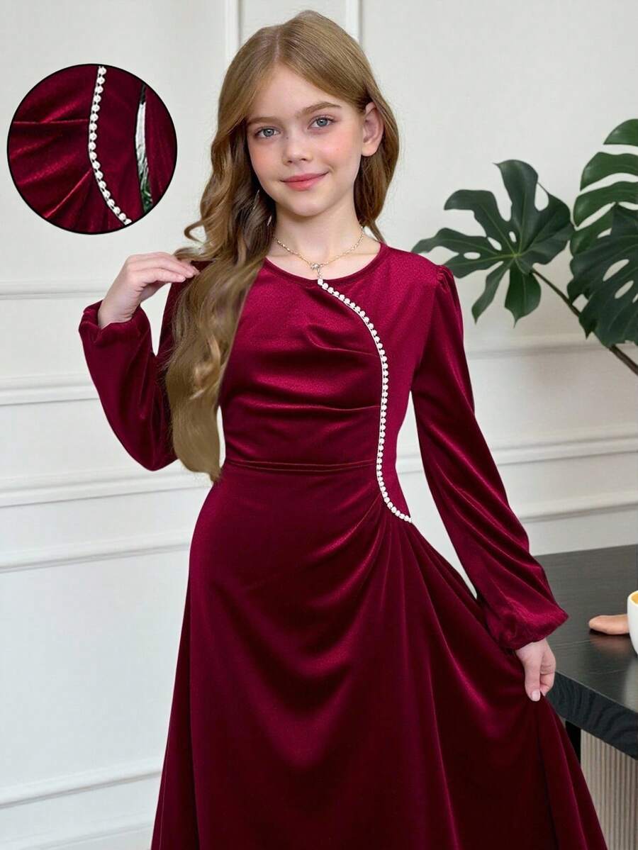 SHEIN 青少年女孩珍珠串珠灯笼袖 V 领褶饰优雅纯色酒红色中长连衣裙，毕业礼服 - 酒紅色 - 查看 1