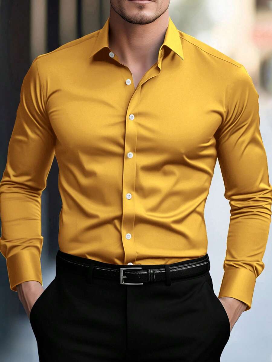 Calvornis Men's Mustard Yellow Long Sleeve Slim Fit Business Casual ...