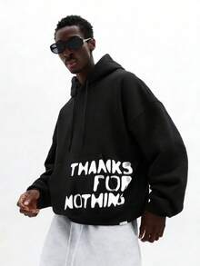 SUMWON 必备宽松版型套头连帽衫，带中央口袋，印有“Thanks For Nothing”字样，休闲家居服 - 黑色 - 查看 1