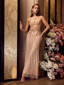 MOTF PREMIUM VESTIDO DE CÓCTEL DE MALLA CON CONTRASTE DE LENTEJUELAS - Dorado - Ver 1