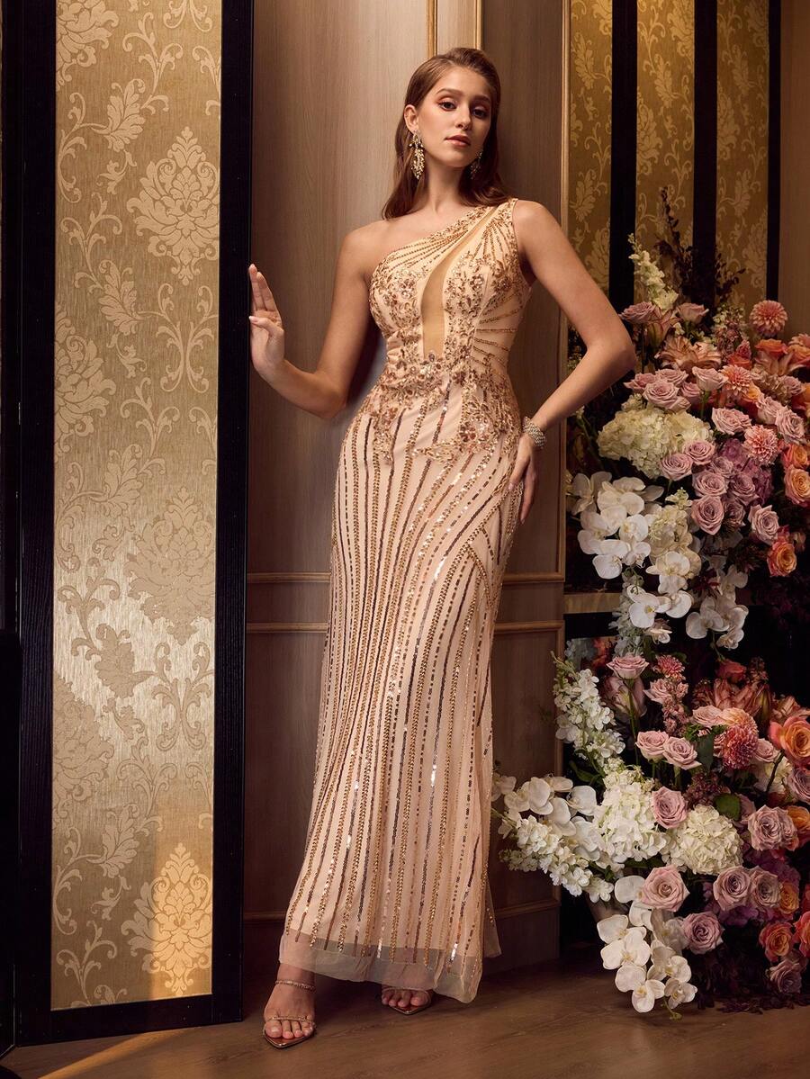 MOTF PREMIUM VESTIDO DE CÓCTEL DE MALLA CON CONTRASTE DE LENTEJUELAS - Dorado - Ver 1