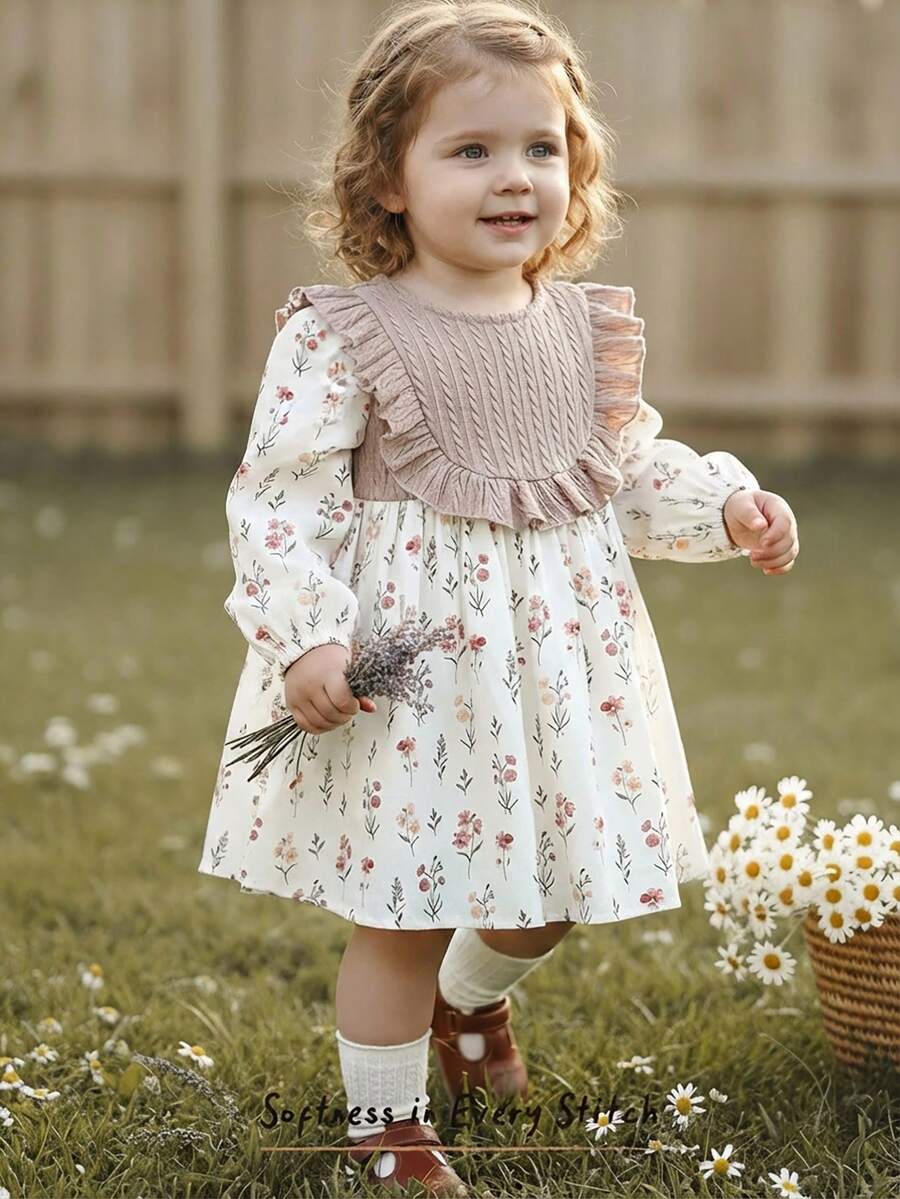 Cozy Pixies Robe longue à manches longues pour bébé fille avec imprimé floral, bloc de couleurs et volants à l'ourlet