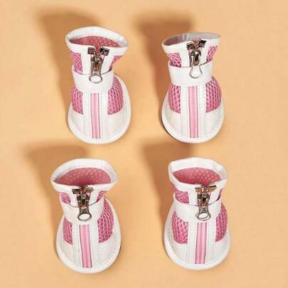 1 Set Of Cute Pink Zippered Breathable Pet Shoes, Suitable For Small Dogs