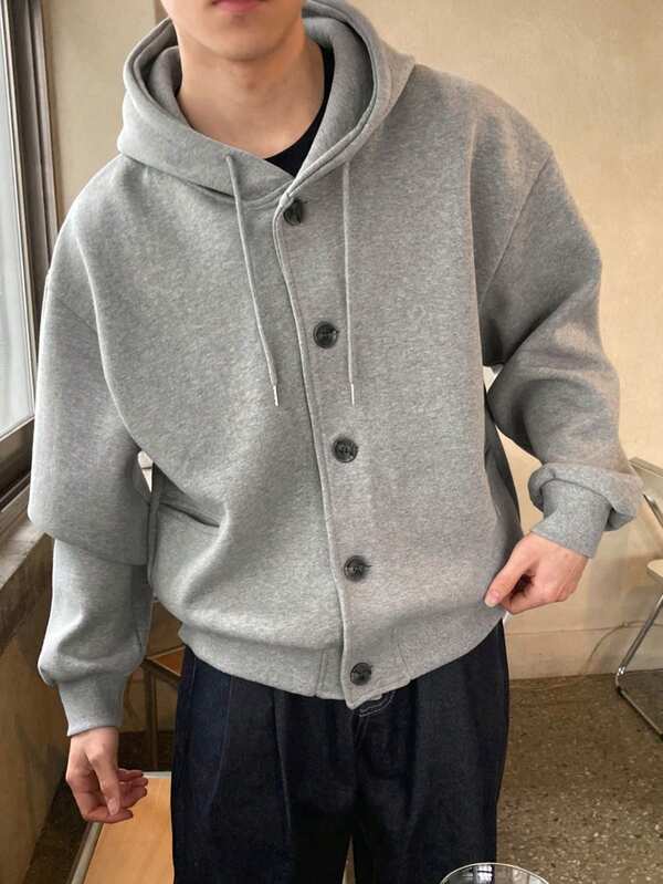 DAZY Men's Solid Gray Button-Up Hooded Sweatshirt Sweatshirt, Thermal Lined For Autumn/Winter