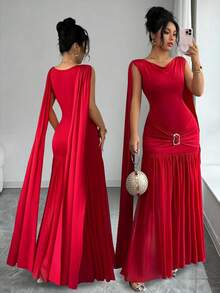 Elenzga 女士优雅法式浪漫雪纺连衣裙，荷叶边披肩领，腰部金属装饰，褶裥A字裙摆，适合毕业派对、节日、约会、情人节等场合。 - 紅色 - 查看 1