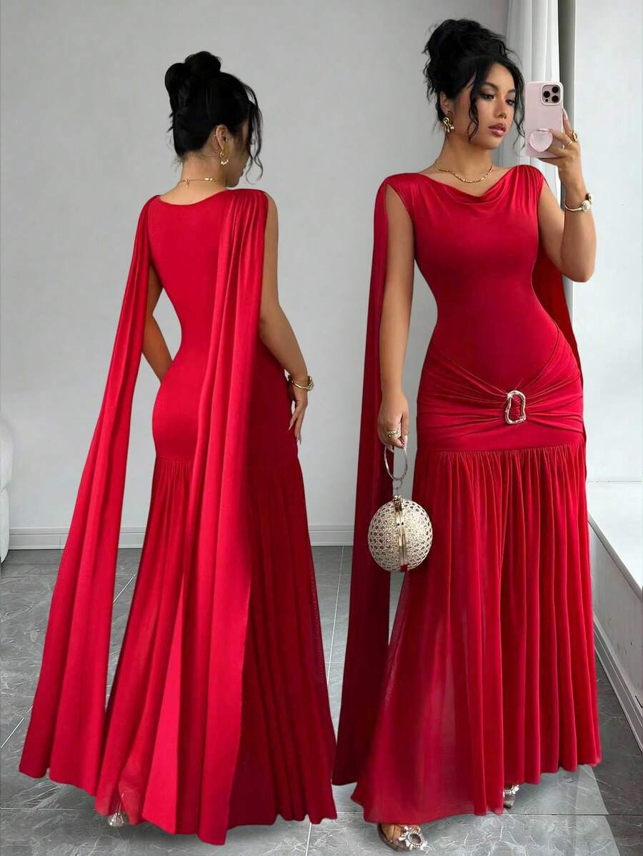 Elenzga 女士优雅法式浪漫雪纺连衣裙，荷叶边披肩领，腰部金属装饰，褶裥A字裙摆，适合毕业派对、节日、约会、情人节等场合。 - 紅色 - 查看 1