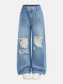 Sparklyn 大龄女童简约时尚深色牛仔裤，直筒裤型设计，修饰腿型，适合上学、通勤和户外活动。 - 藍色 - 查看 6