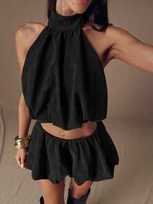 SHEIN BAE Bộ 2 món màu nâu/cà phê trơn gồm áo crop top tay phồng hở lưng có nơ xếp ly, áo dự tiệc/lễ hội và chân váy mini cạp thấp xòe bồng bềnh dành cho nữ, mùa thu/đông. - màu đen - Xem 7