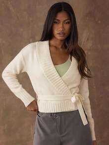 SHEIN BAE Women's Casual Solid Color Lace-Up Wrap Sweater - Apricot - View 4