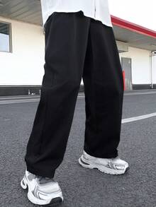 男童休闲日常舒适直筒宽松纯色梭织裤，适合生日派对、晚宴、演出、婚礼、洗礼、开幕式等场合，日常穿着舒适，适合上学、旅行、运动，适合春夏季节。 - 黑色 - 查看 6