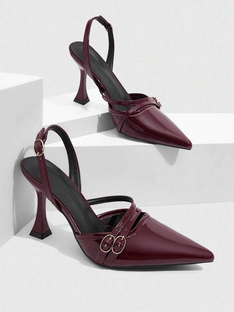 CUCCOO SZL Damskie szpilki ze spiczastym czubkiem 9 cm Eleganckie szpilki w kształcie kieliszka do wina Damskie bordowe szpilki Brązowe sandały typu slingback z lustrzaną skórą PU Łatwe w noszeniu klamry Czarne szpilki na co dzień/imprezę/randkę/do biura Damskie buty na Walentynki