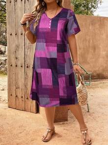 EMERY ROSE Plus Size Plaid Patchwork Print V-Neck Button Decor Dress - Purple - View 1