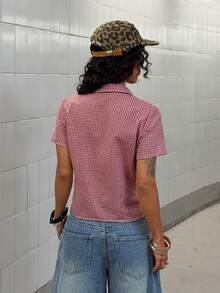 StreetHx Women's Fashionable Pink Short Sleeve Casual Plaid Shirt - Multicolor - View 3