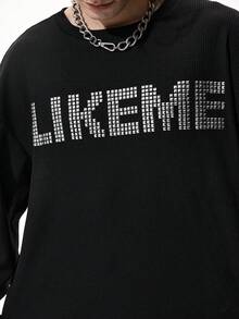 ROMWE MEN Street Life Men's Printed Crew Neck Casual Long Sleeve T-Shirt - Black - View 2