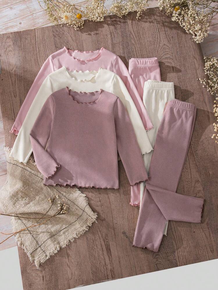 SHEIN Bộ đồ mặc nhà thường ngày cho bé gái, màu trơn có viền xếp nếp ở cổ và tay áo, dễ thương cho mùa thu/đông - Hồng - Xem 3