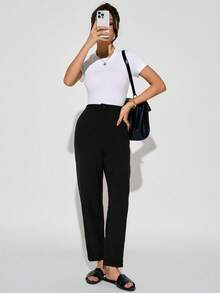 SHEIN PETITE Women's Solid Color Pants, Teacher Formal Trousers, Suitable For Daily Wear, Office Commute,Fall Black Slacks Women - Black - View 8