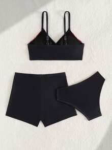 SHEIN 少女百合印花比基尼套装，针织面料，可调节细肩带，V领设计，荷叶边下摆，时尚优雅，适合游泳、夏季、海滩和度假。 - 黑色 - 查看 3