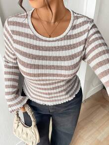 Lounesse Plus Size Women Striped Design Casual Commuter Fashion Long Sleeve T-Shirt Knit Tops Bell Sleeve Knit Top Women For Spring, Spring Outfits For Women Striped Top Long Sleeve Top - Multicolor - View 7