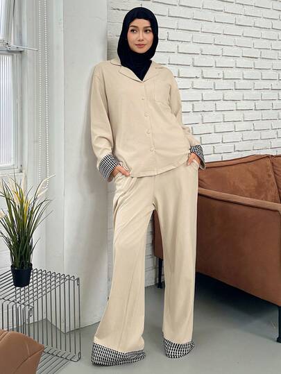 DAZY Solid Color Knit Plaid Patchwork Women Pajama Set