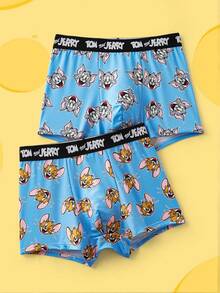 TOM & JERRY X SHEIN Men's Comfortable Soft Cartoon Pattern Letter Waistband Boxer Briefs