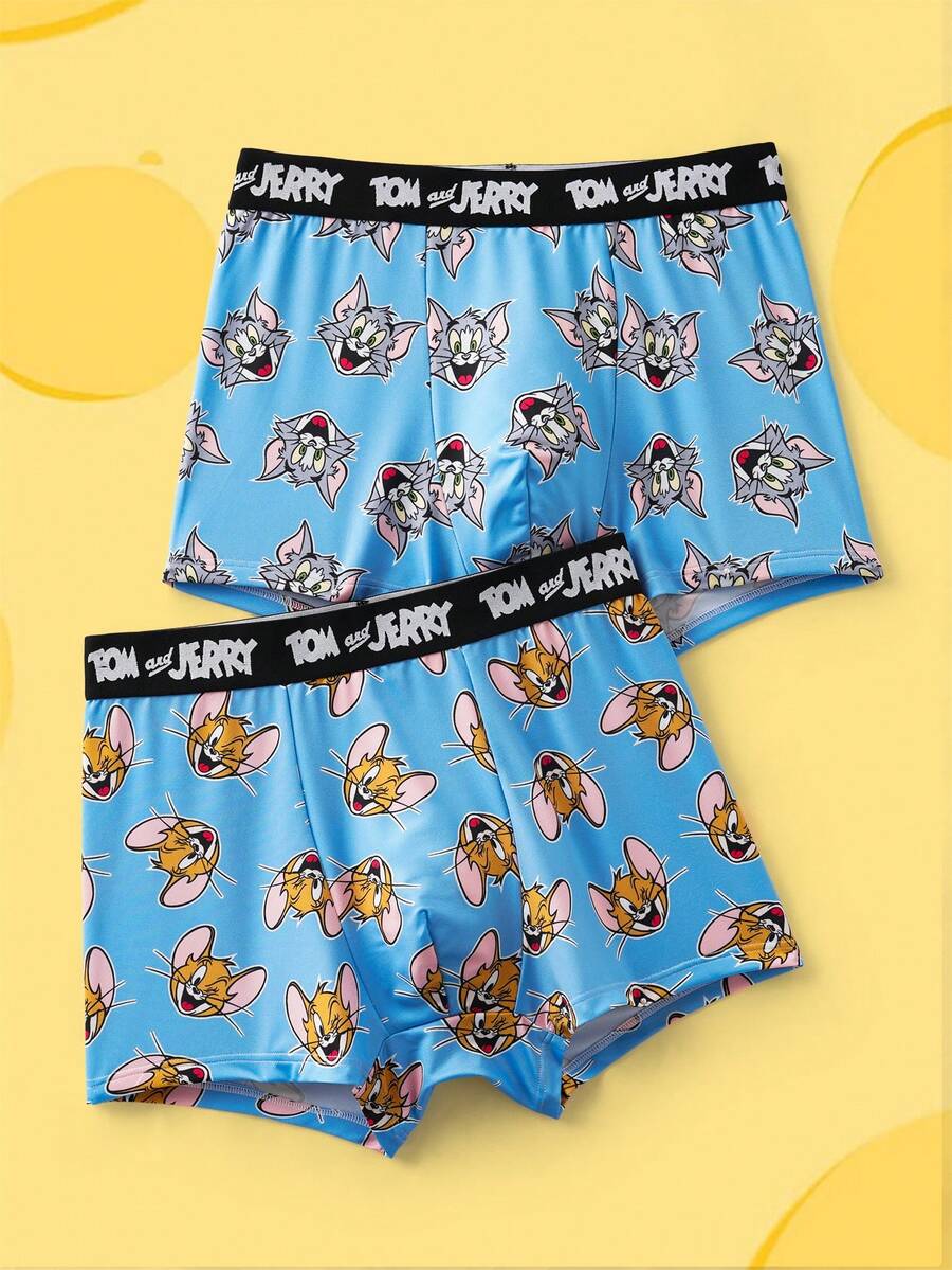 TOM & JERRY X SHEIN Men's Comfortable Soft Cartoon Pattern Letter Waistband Boxer Briefs