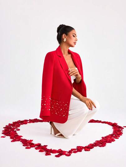EURMUSE Women's Red Lapel NeckLong Sleeve Faux Pearl Decor Elegant Blazer