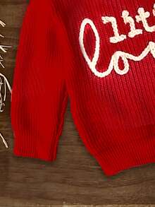女童休闲简约字母图案宽松圆领长袖毛衣 - 紅色 - 查看 4