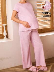 SHEIN 2pcs Maternity Casual Loose Comfortable Top And Pants Set Sleep Wear Women Breast Feeding Clothes Maternity Sets Cotton Maternity Clothes Maternity Clothes Two Piece Suits,Maternity Clothes - Pink - View 1