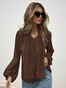 Aveloria Modichic Classic Retro Polka Dot Tie Front Semi-Sheer Blouse, French Style Elegant Business Casual Women  - Coffee Brown - View 6