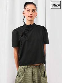 COUREZ Puff Sleeve Top With Tie Detail /Y2K  Women Clothes  Clothes Cute Tops  Tops Going Out Tops Going Out Outfits Sexy - Black - View 1