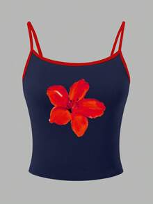 EMERY ROSE Y2K Hibiscus Flowers Graphic Camisole Top Graphic Tees Women Tops - Navy Blue - View 4