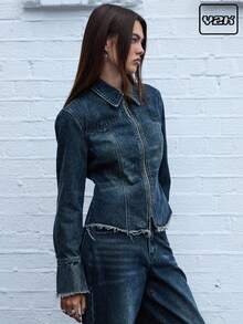COUREZ Áo sơ mi denim dài tay có khóa kéo, màu xanh bẩn, kiểu dáng Y2K, thời trang nữ mùa thu, áo kiểu dễ thương, áo đi chơi, áo mùa đông, áo kiểu sành điệu - Màu xanh lam - Xem 1