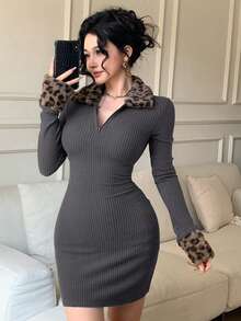 DAZY Đầm ngắn nữ màu nâu dáng ôm, chất liệu dệt thô, họa tiết da báo, cổ lông mềm mại, phối nhiều mảnh, thích hợp cho mùa Thu/Xuân, dự tiệc, dịp năm mới, Lễ Tình nhân, phong cách Y2K. - Màu xám đen - Xem 5