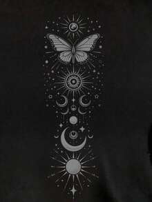 SHEIN Essnce Casual Minimalist Butterfly & Moon Pattern Dropped Shoulder Long Sleeve Women T-Shirt Gothic Tops Black Party Top - Black - View 3