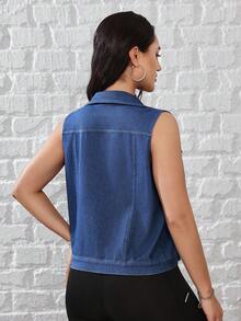 Flexra Chaqueta vaquera sin mangas de solapa de mujer, de un solo abotonado, versátil y apropiada para ir al trabajo - Azul - Ver 2