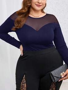 SHEIN Privé Plus Size Women's Solid Color Round Neck Long Sleeve Mesh Patchwork T-Shirt Long Sleeve Mesh Top Curve Plus Tops Plus Size Long Sleeve Top Tops For Women Plus Plus Size Sheer Top - Navy Blue - View 4
