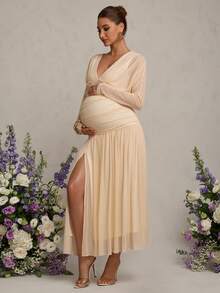 MaterniChic 孕妇纯色简约V领长袖休闲连衣裙 - 黃色 - 查看 4